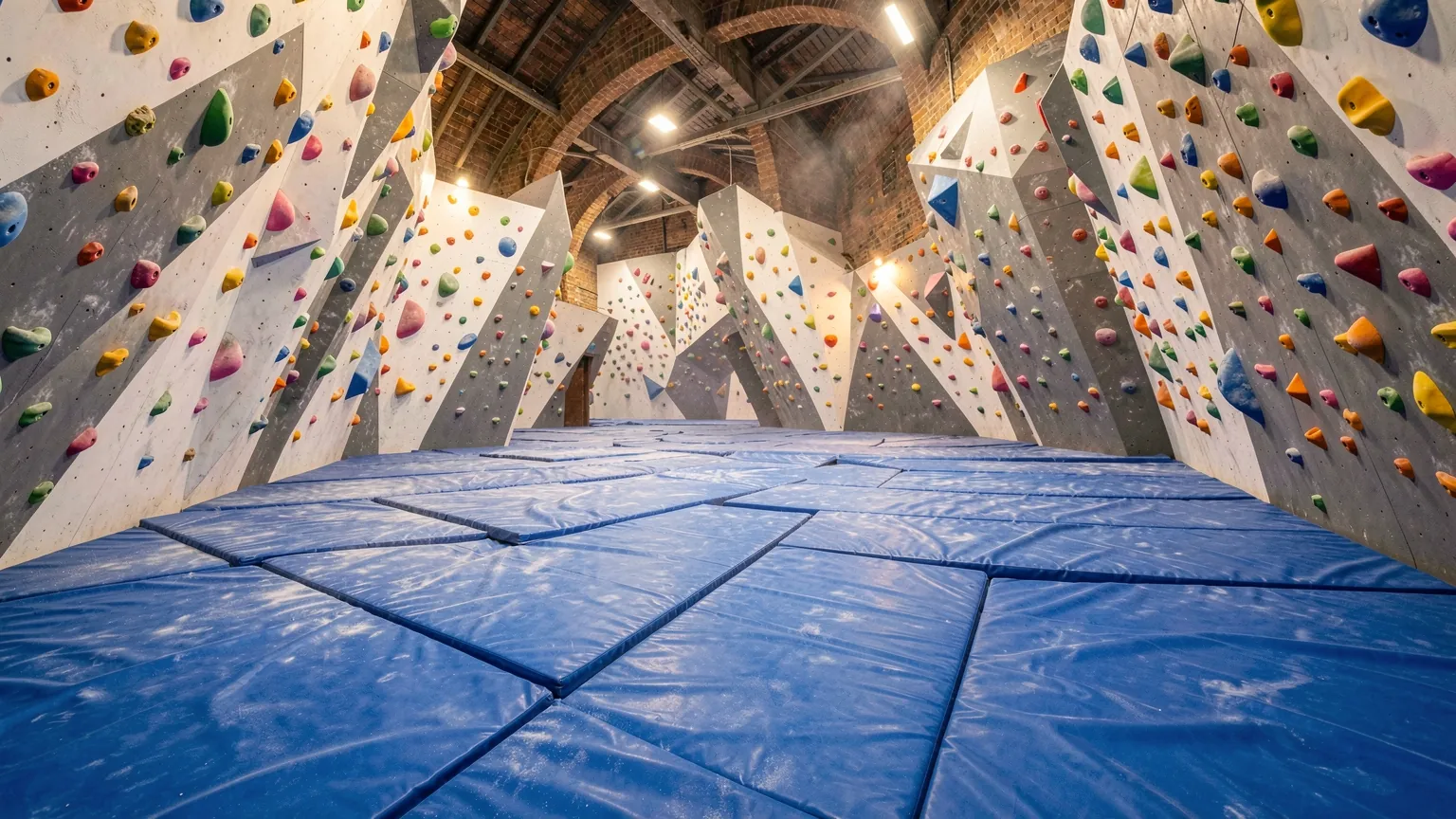 Inside an indoor bouldering gym with colourful holds on steep walls above thick crash mats